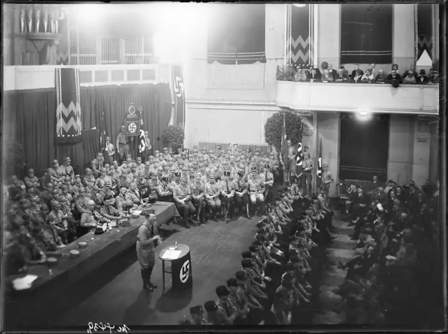 Hitler speaking at a rally. (National Archives and Records Administration)
